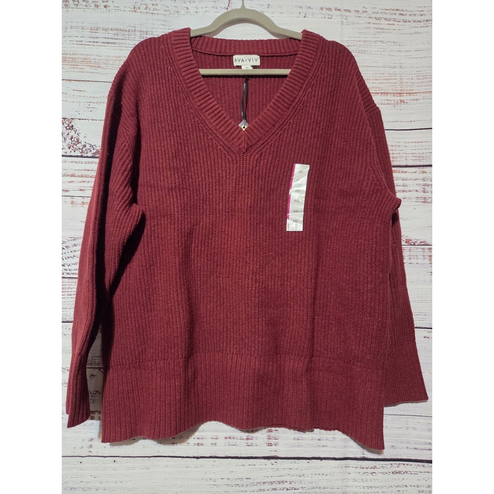 Ava & Viv Womens XXL Burgundy Ribbed V-Neck Pullover Sweater Fall Autumn